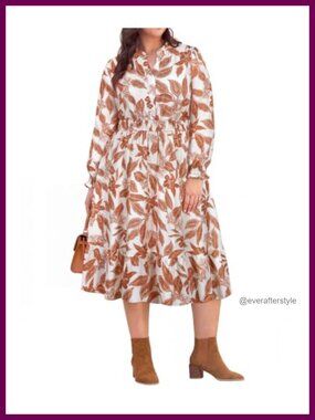 Plus Size Midi Dress V Neck Long Sleeve Wedding Guest Fall Dress